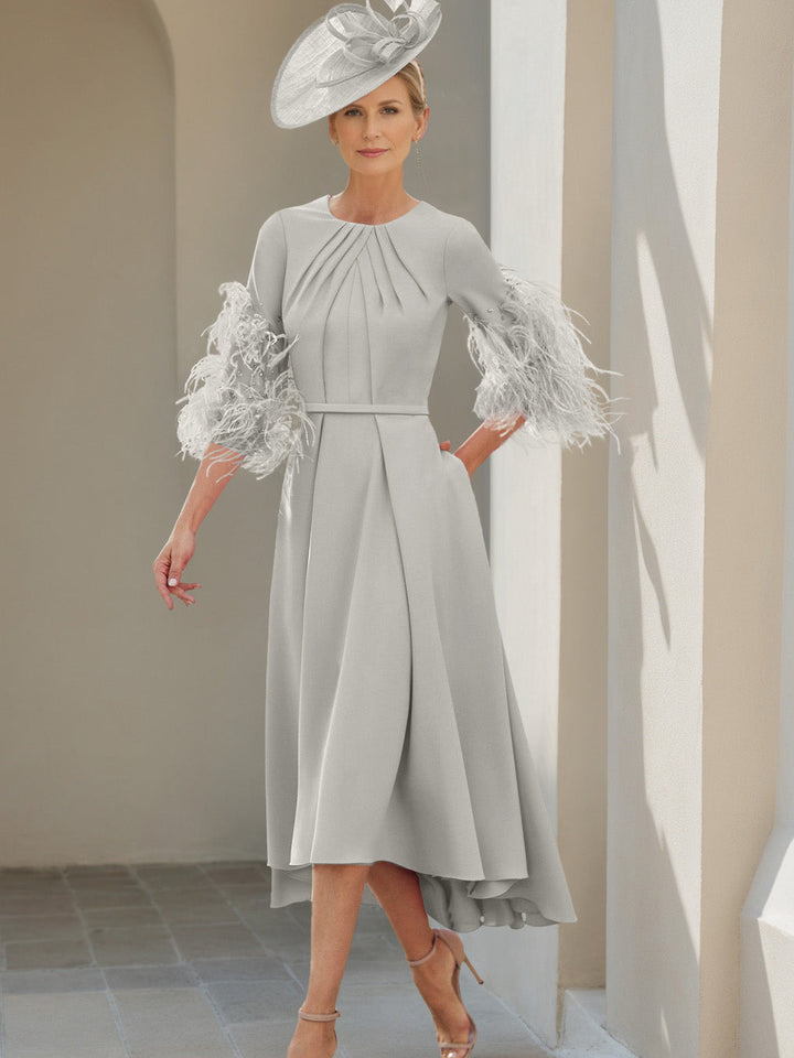 Ligne A/Princesse Scoop Demi-manches Longueur de Thé Robes Mère de La Mariée avec Feathers
