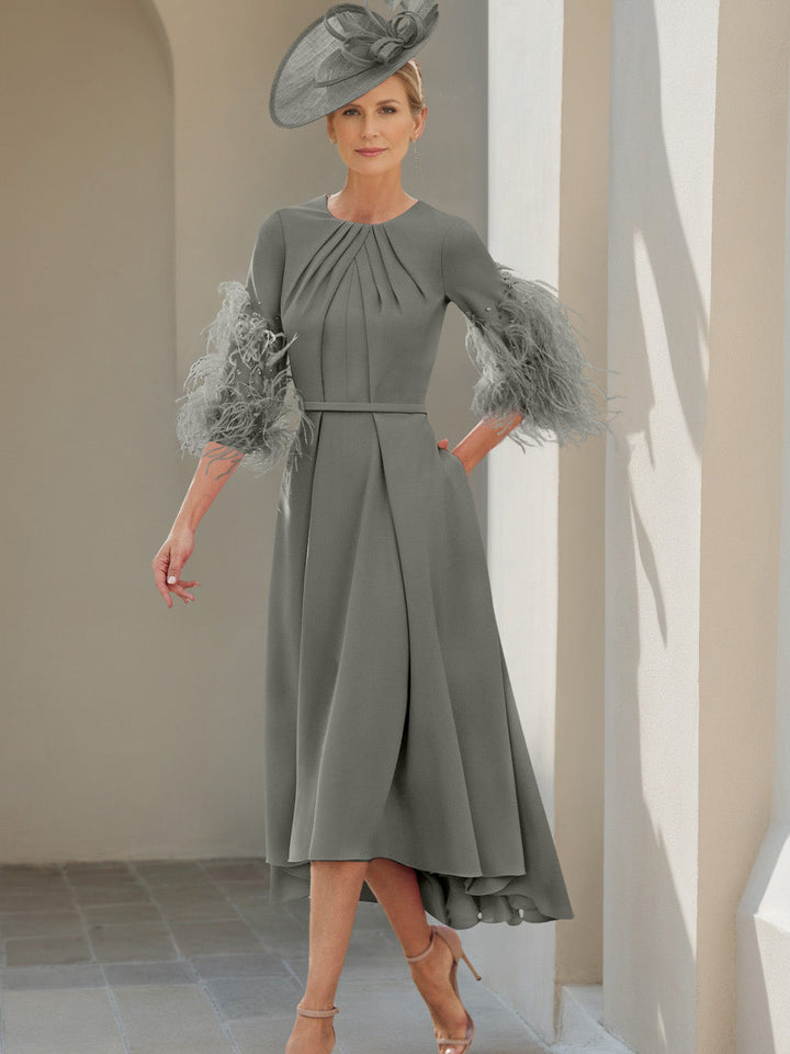 Ligne A/Princesse Scoop Demi-manches Longueur de Thé Robes Mère de La Mariée avec Feathers