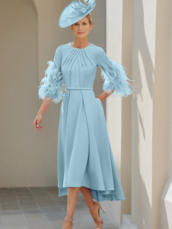 Ligne A/Princesse Scoop Demi-manches Longueur de Thé Robes Mère de La Mariée avec Feathers