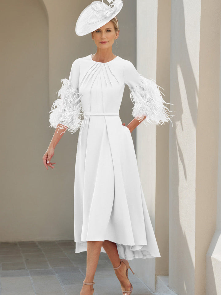 Ligne A/Princesse Scoop Demi-manches Longueur de Thé Robes Mère de La Mariée avec Feathers