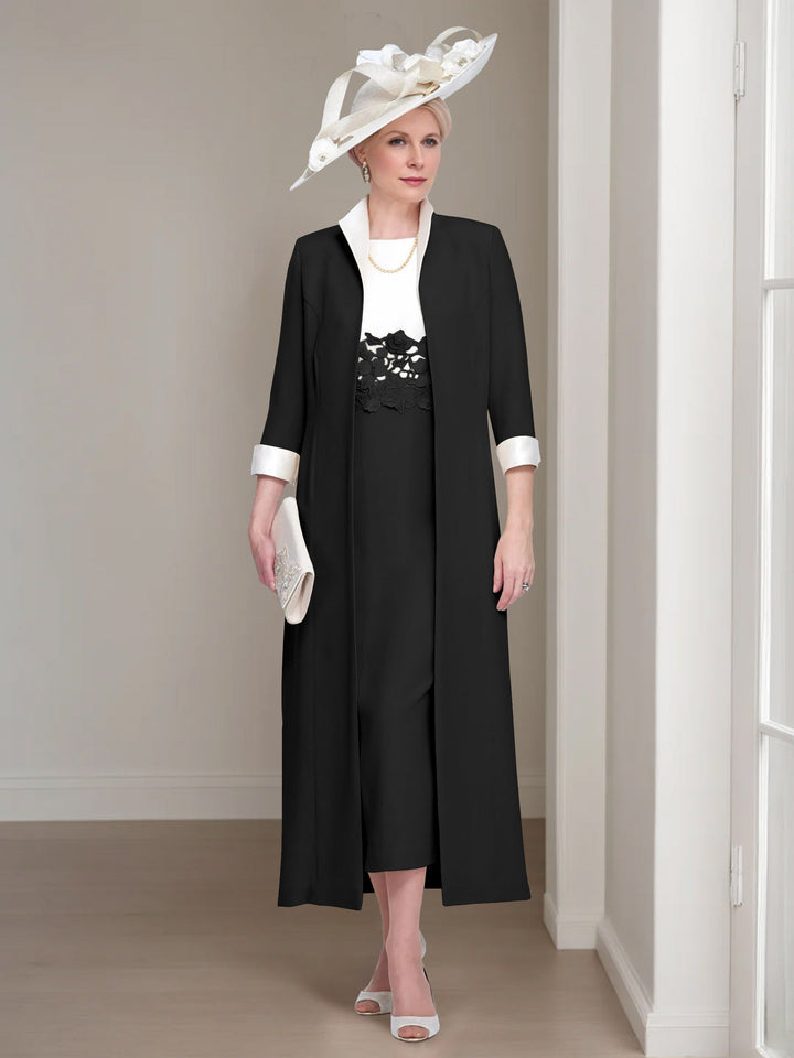 2 Morceaux Col rond Longueur de Thé Robes Mère de La Mariée avec veste & Dentelle Appliques