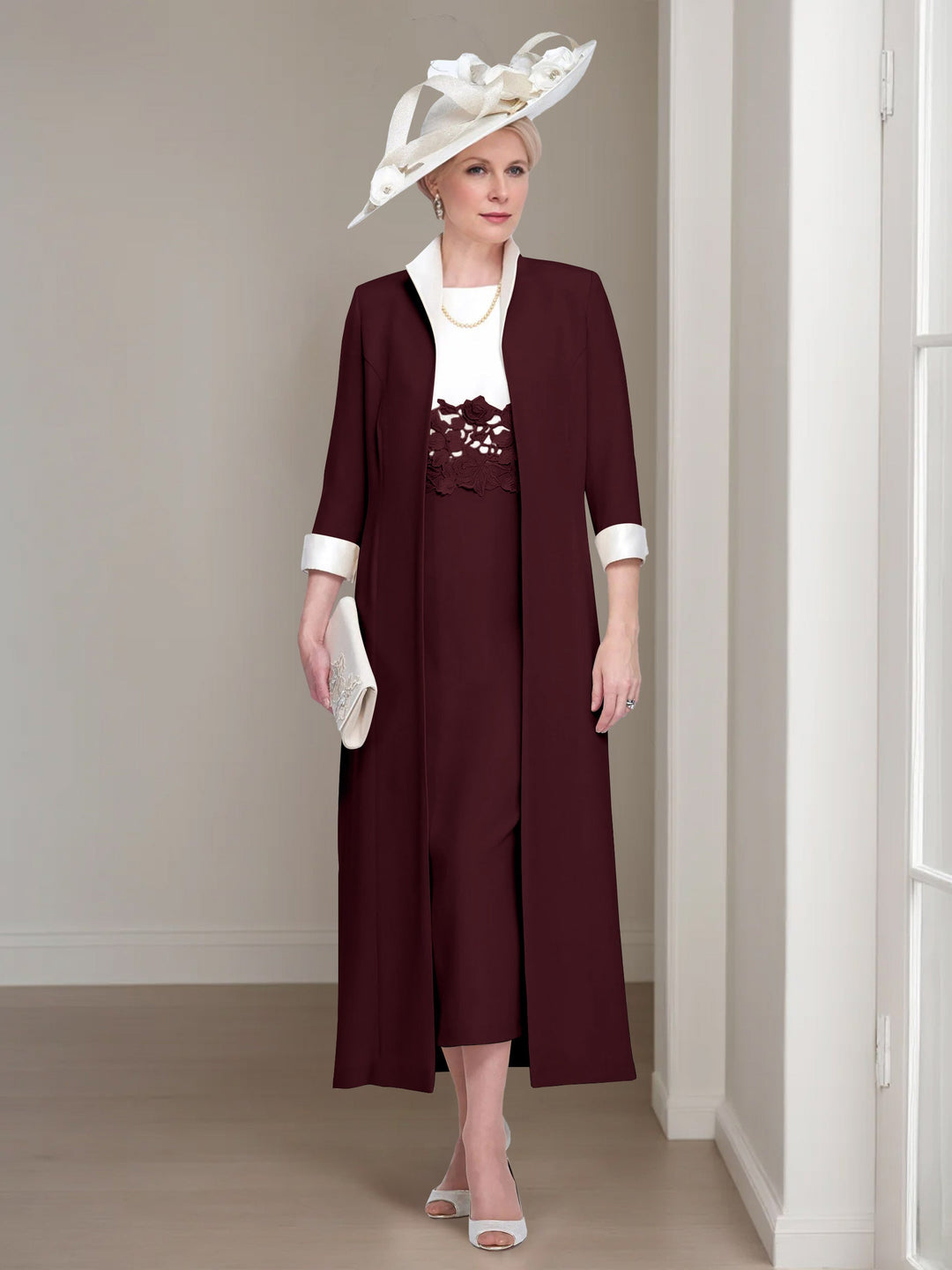 2 Morceaux Col rond Longueur de Thé Robes Mère de La Mariée avec veste & Dentelle Appliques