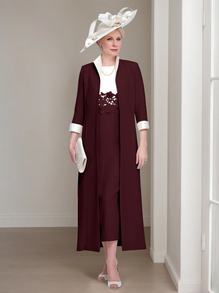 2 Morceaux Col rond Longueur de Thé Robes Mère de La Mariée avec veste & Dentelle Appliques