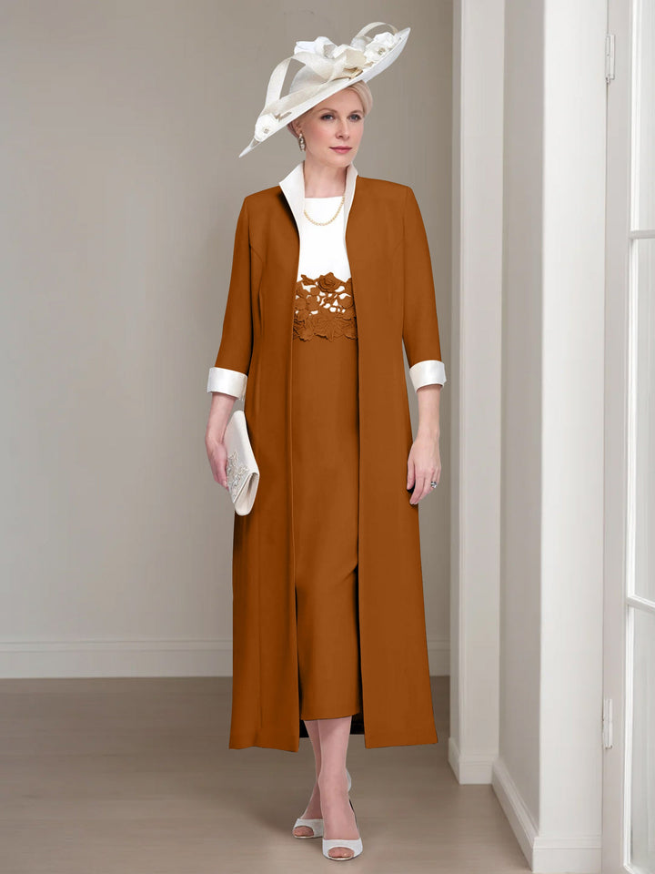 2 Morceaux Col rond Longueur de Thé Robes Mère de La Mariée avec veste & Dentelle Appliques