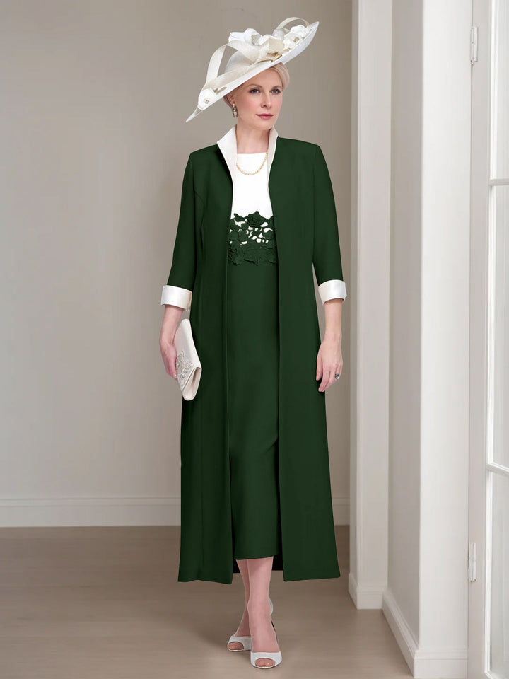 2 Morceaux Col rond Longueur de Thé Robes Mère de La Mariée avec veste & Dentelle Appliques