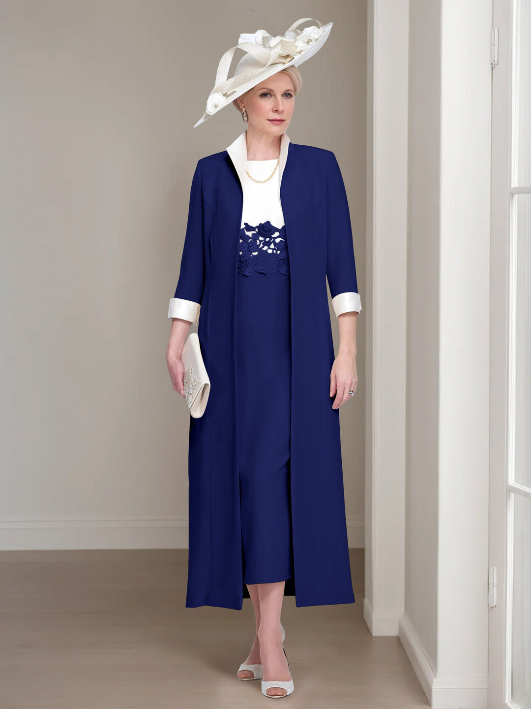 2 Morceaux Col rond Longueur de Thé Robes Mère de La Mariée avec veste & Dentelle Appliques