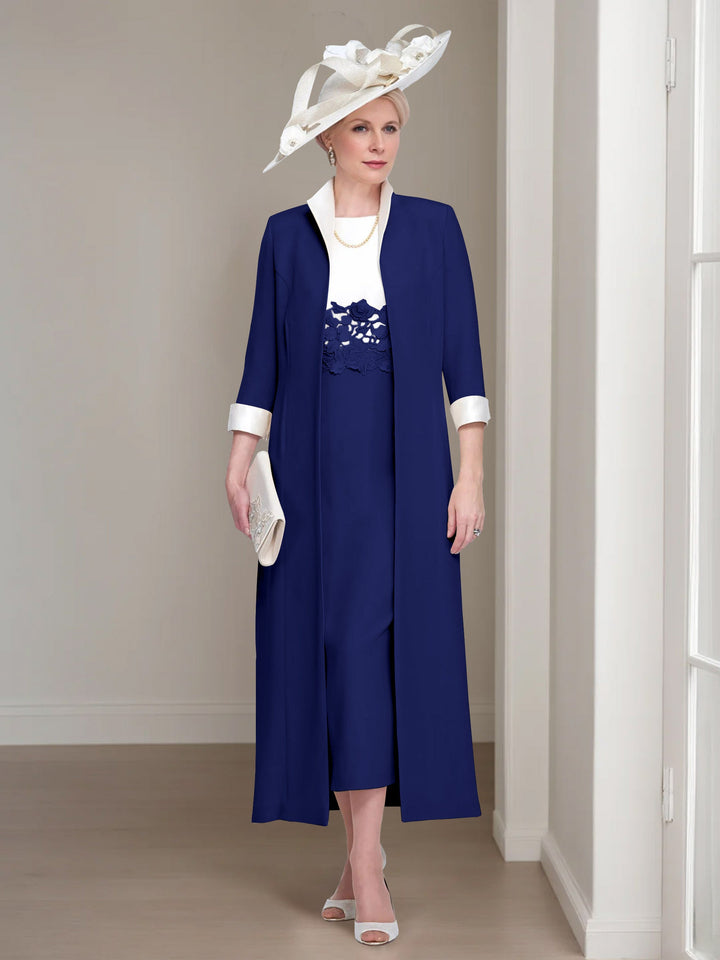 2 Morceaux Col rond Longueur de Thé Robes Mère de La Mariée avec veste & Dentelle Appliques