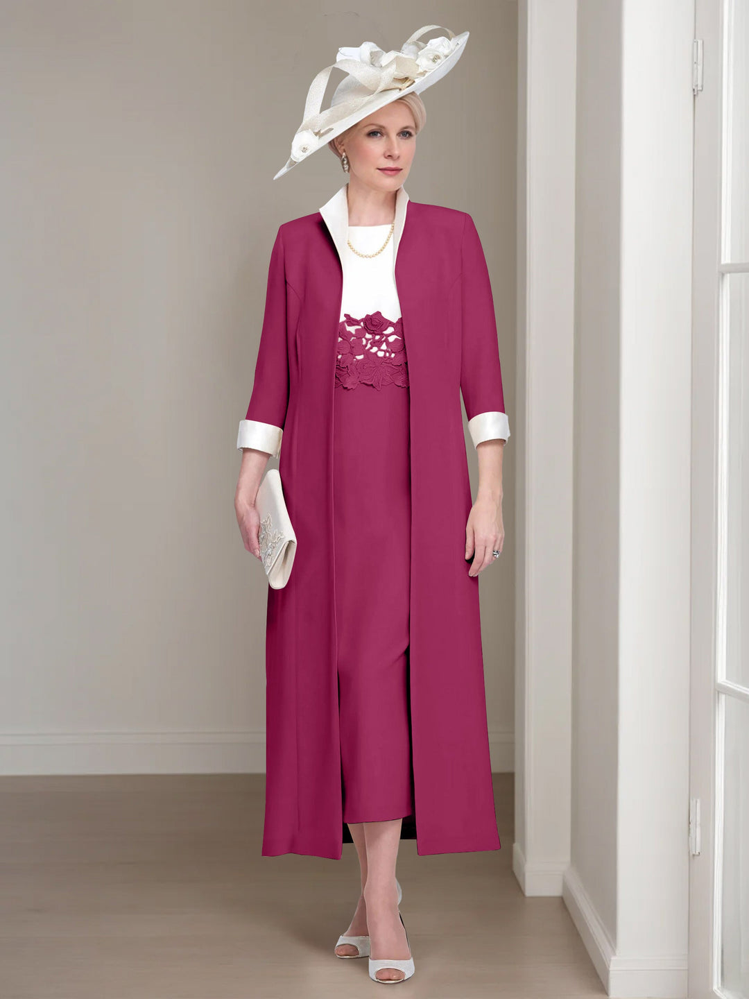2 Morceaux Col rond Longueur de Thé Robes Mère de La Mariée avec veste & Dentelle Appliques