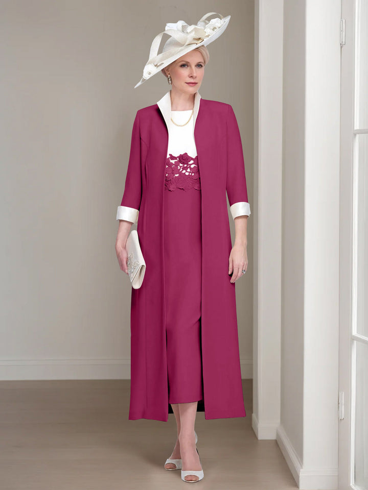 2 Morceaux Col rond Longueur de Thé Robes Mère de La Mariée avec veste & Dentelle Appliques