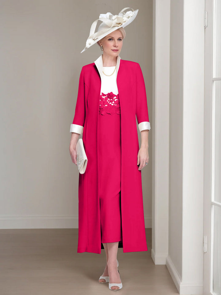 2 Morceaux Col rond Longueur de Thé Robes Mère de La Mariée avec veste & Dentelle Appliques