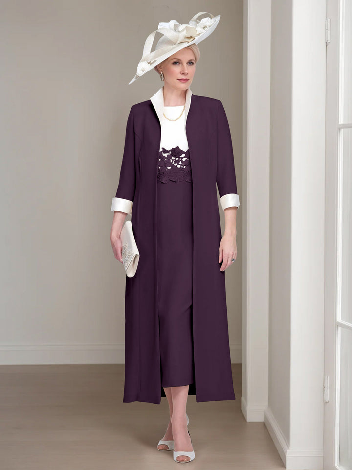2 Morceaux Col rond Longueur de Thé Robes Mère de La Mariée avec veste & Dentelle Appliques