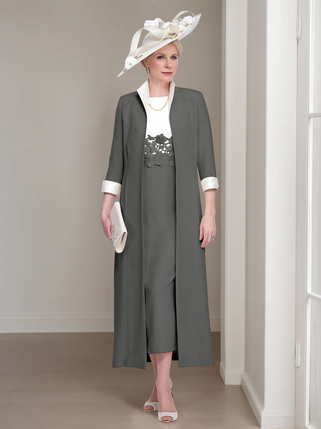2 Morceaux Col rond Longueur de Thé Robes Mère de La Mariée avec veste & Dentelle Appliques