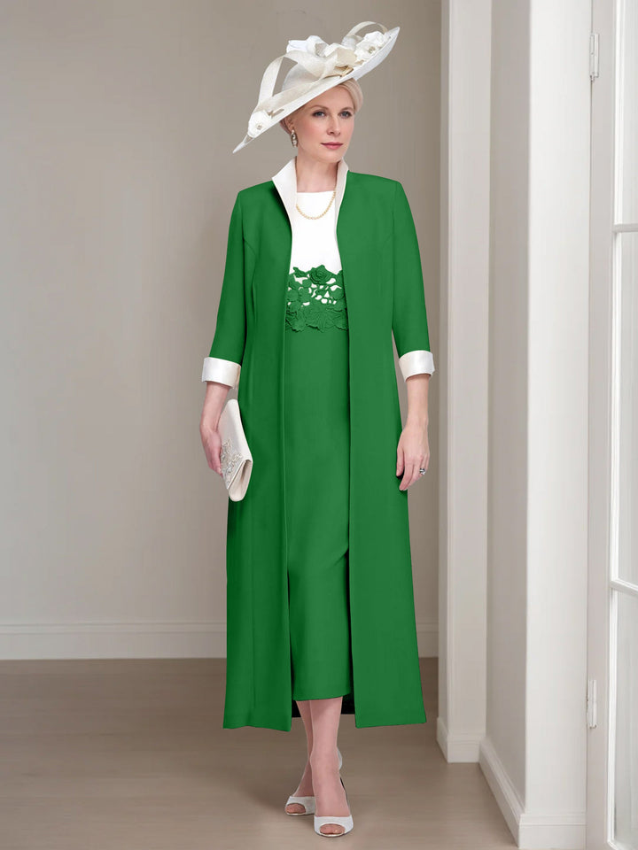 2 Morceaux Col rond Longueur de Thé Robes Mère de La Mariée avec veste & Dentelle Appliques