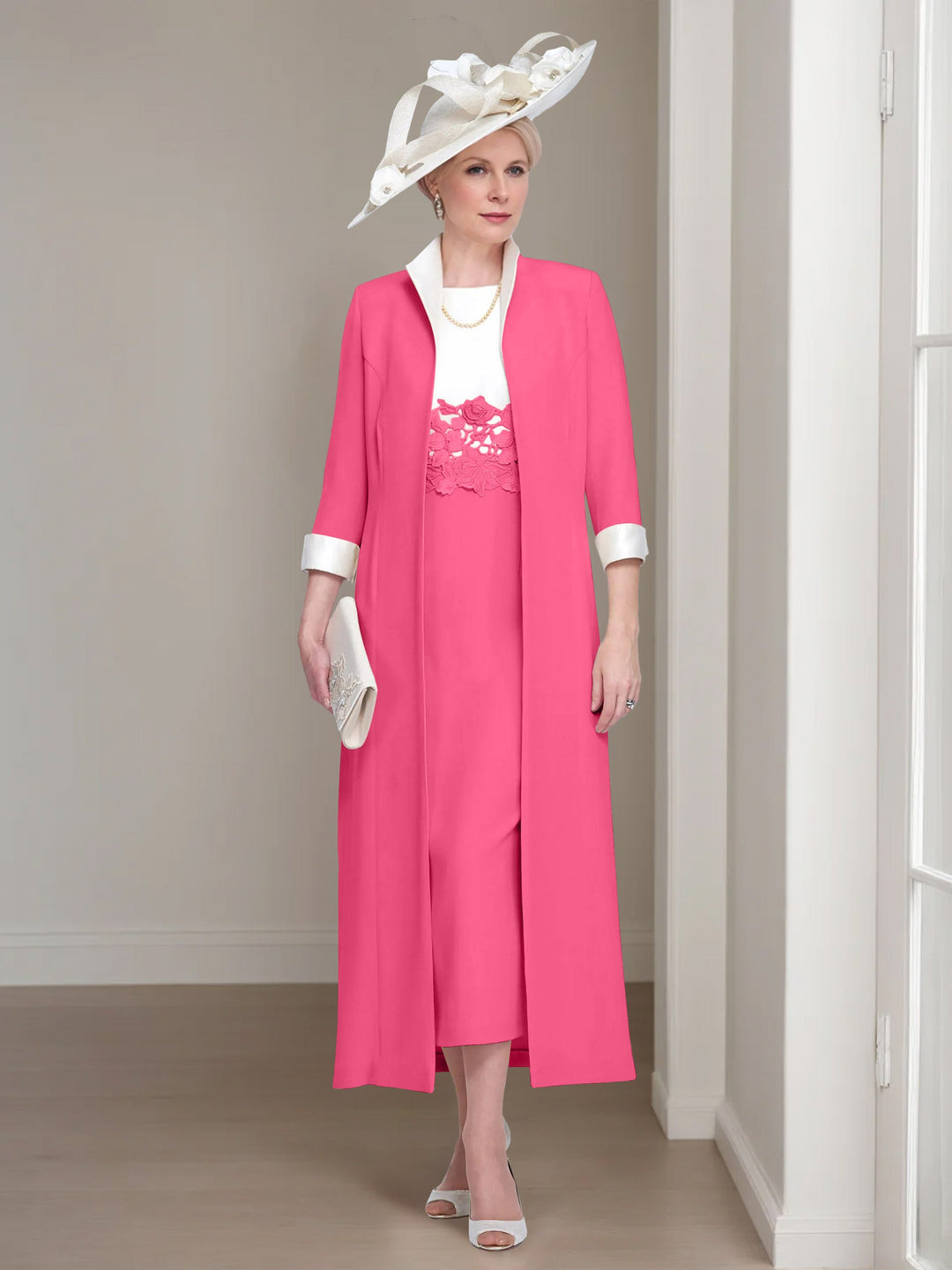 2 Morceaux Col rond Longueur de Thé Robes Mère de La Mariée avec veste & Dentelle Appliques