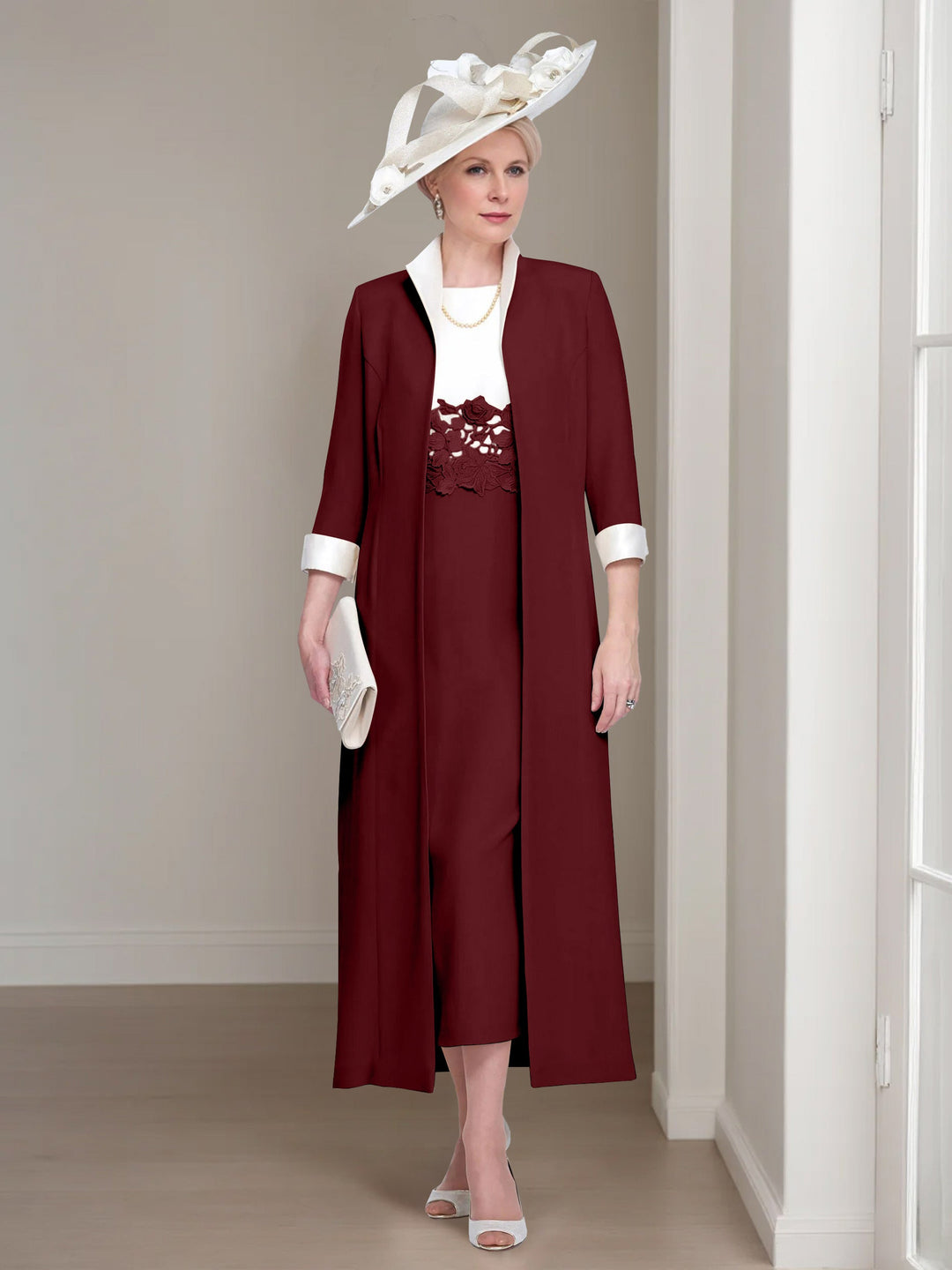 2 Morceaux Col rond Longueur de Thé Robes Mère de La Mariée avec veste & Dentelle Appliques