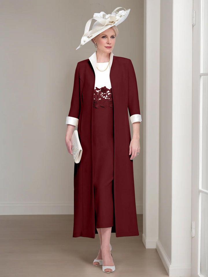 2 Morceaux Col rond Longueur de Thé Robes Mère de La Mariée avec veste & Dentelle Appliques