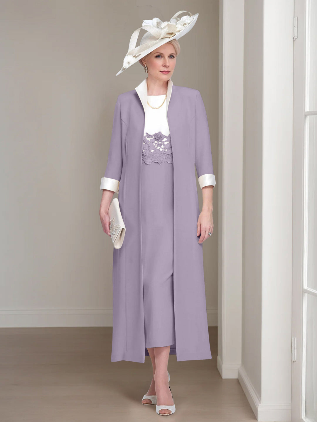 2 Morceaux Col rond Longueur de Thé Robes Mère de La Mariée avec veste & Dentelle Appliques
