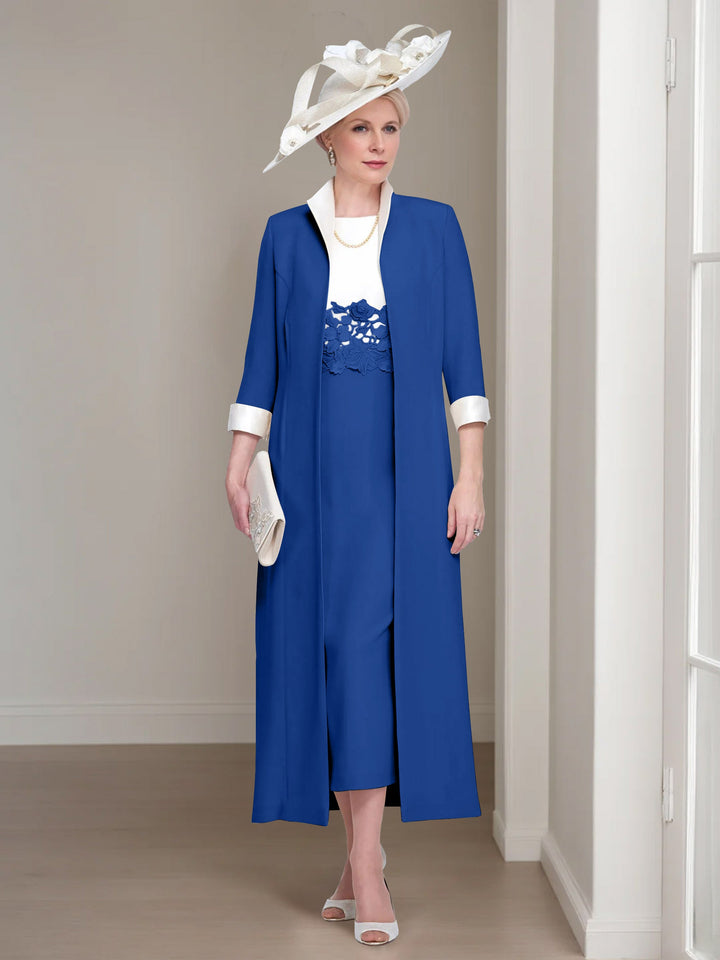 2 Morceaux Col rond Longueur de Thé Robes Mère de La Mariée avec veste & Dentelle Appliques