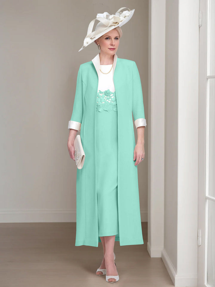 2 Morceaux Col rond Longueur de Thé Robes Mère de La Mariée avec veste & Dentelle Appliques