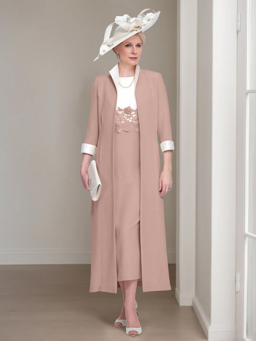 2 Morceaux Col rond Longueur de Thé Robes Mère de La Mariée avec veste & Dentelle Appliques
