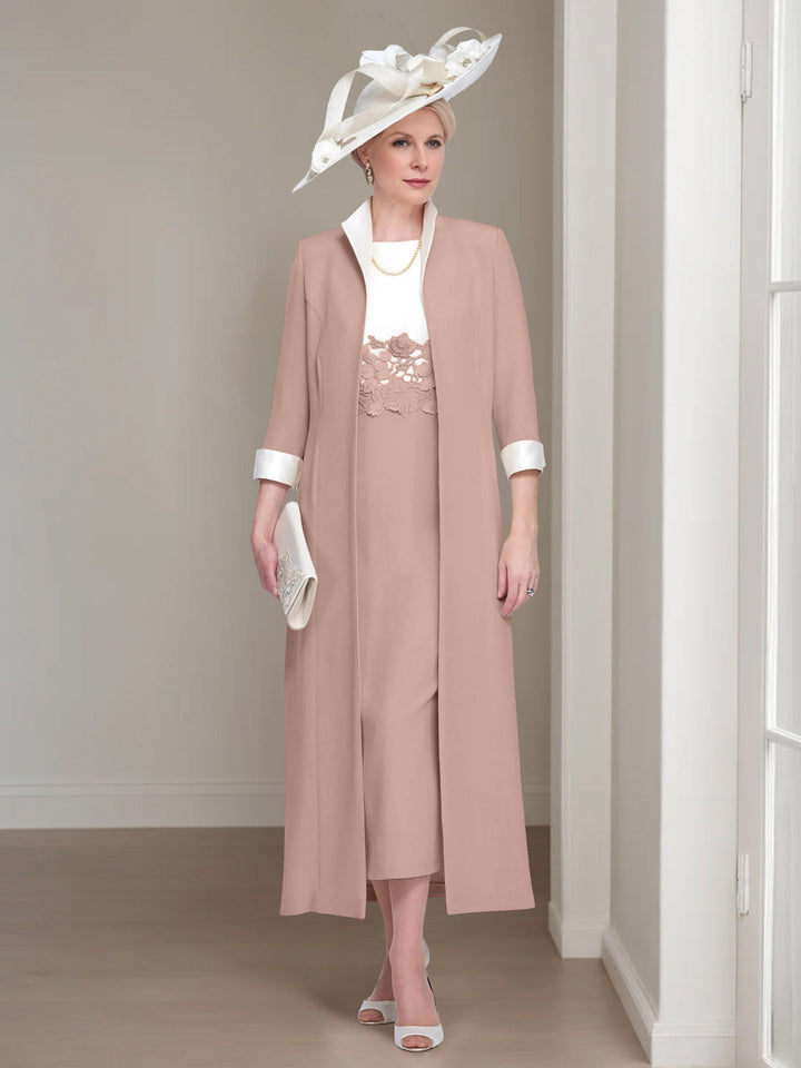2 Morceaux Col rond Longueur de Thé Robes Mère de La Mariée avec veste & Dentelle Appliques