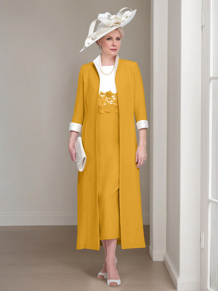 2 Morceaux Col rond Longueur de Thé Robes Mère de La Mariée avec veste & Dentelle Appliques