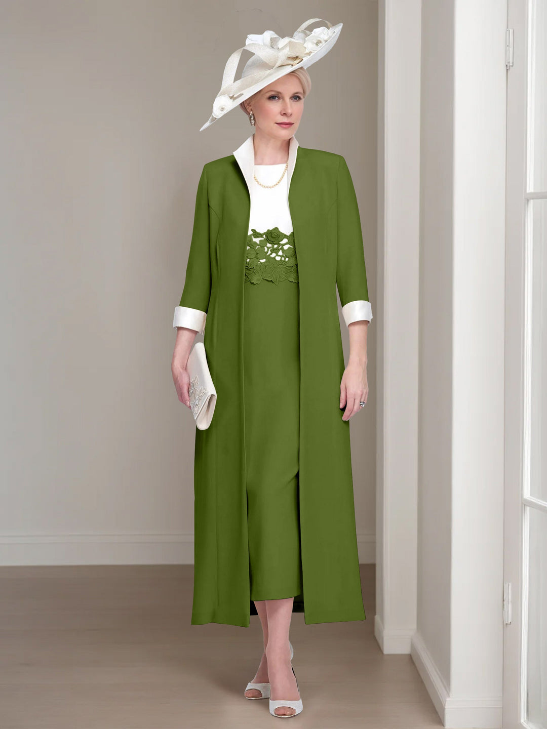 2 Morceaux Col rond Longueur de Thé Robes Mère de La Mariée avec veste & Dentelle Appliques