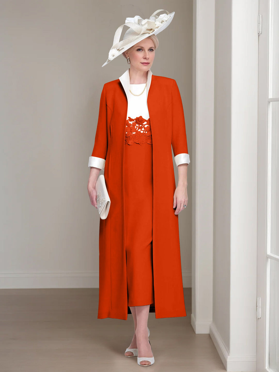 2 Morceaux Col rond Longueur de Thé Robes Mère de La Mariée avec veste & Dentelle Appliques