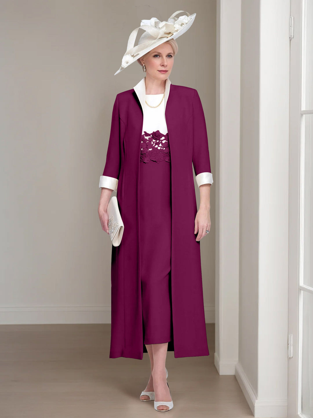 2 Morceaux Col rond Longueur de Thé Robes Mère de La Mariée avec veste & Dentelle Appliques