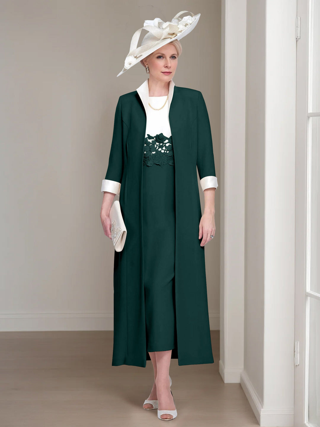2 Morceaux Col rond Longueur de Thé Robes Mère de La Mariée avec veste & Dentelle Appliques
