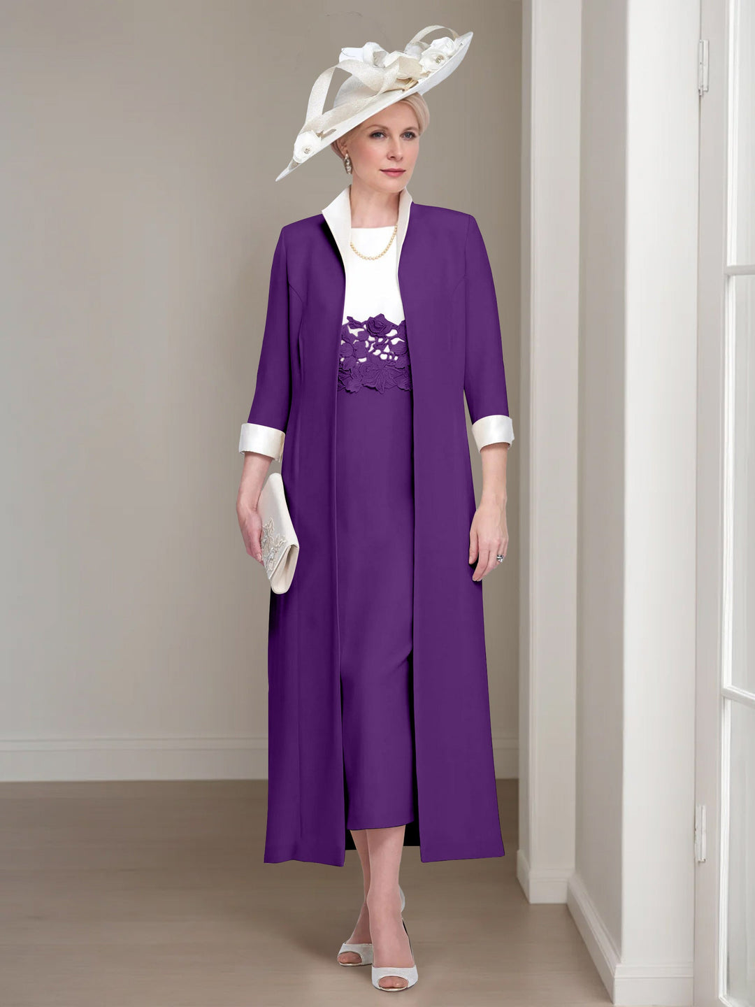 2 Morceaux Col rond Longueur de Thé Robes Mère de La Mariée avec veste & Dentelle Appliques