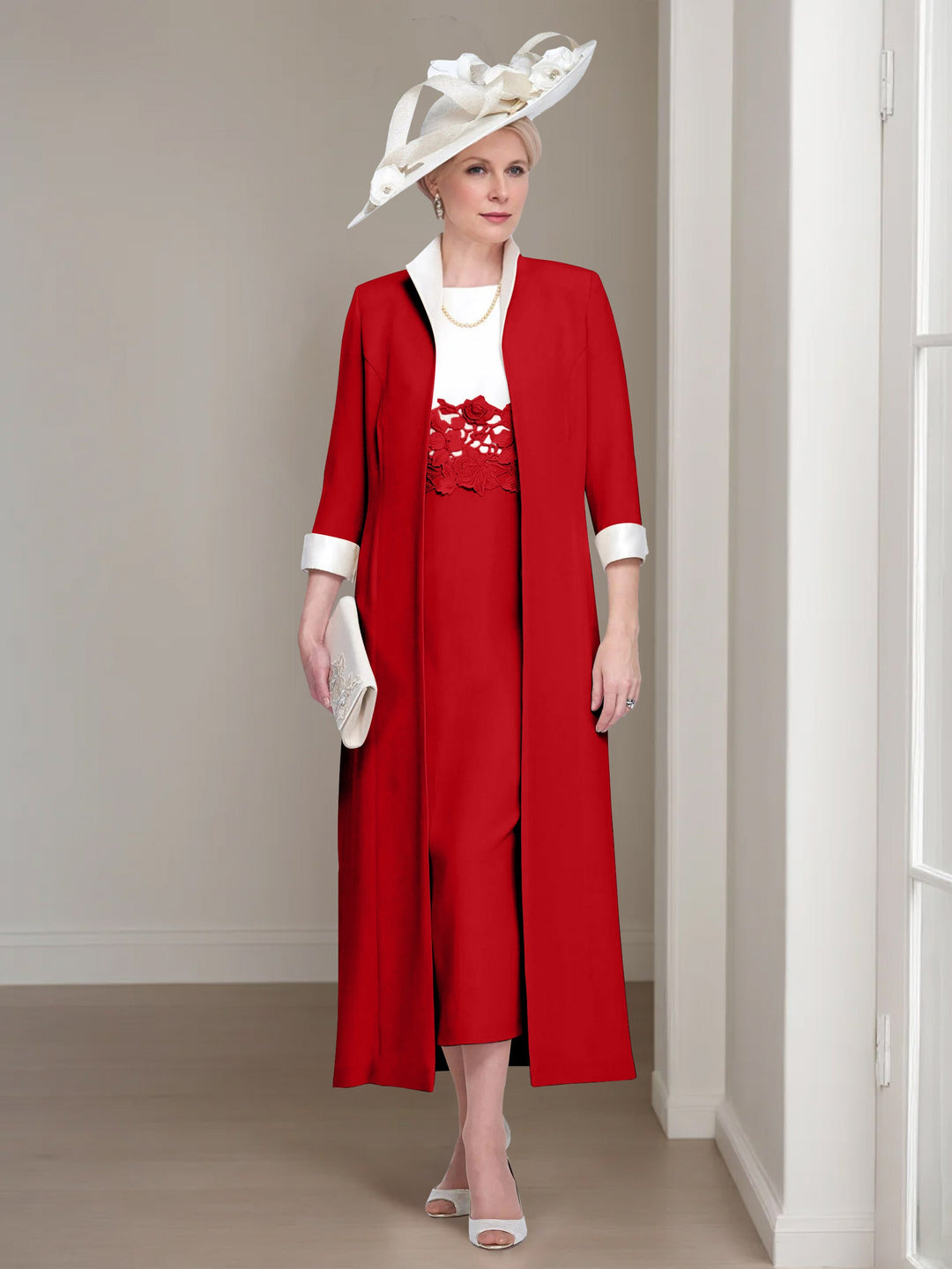 2 Morceaux Col rond Longueur de Thé Robes Mère de La Mariée avec veste & Dentelle Appliques