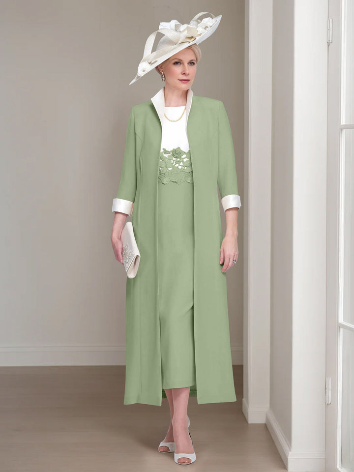 2 Morceaux Col rond Longueur de Thé Robes Mère de La Mariée avec veste & Dentelle Appliques
