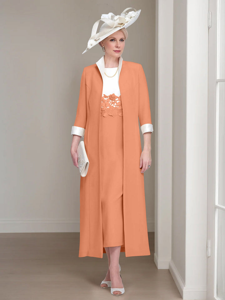 2 Morceaux Col rond Longueur de Thé Robes Mère de La Mariée avec veste & Dentelle Appliques