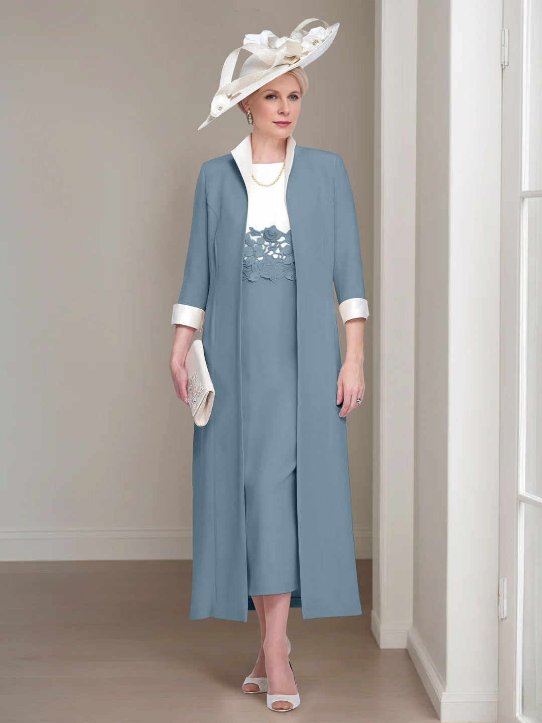 2 Morceaux Col rond Longueur de Thé Robes Mère de La Mariée avec veste & Dentelle Appliques