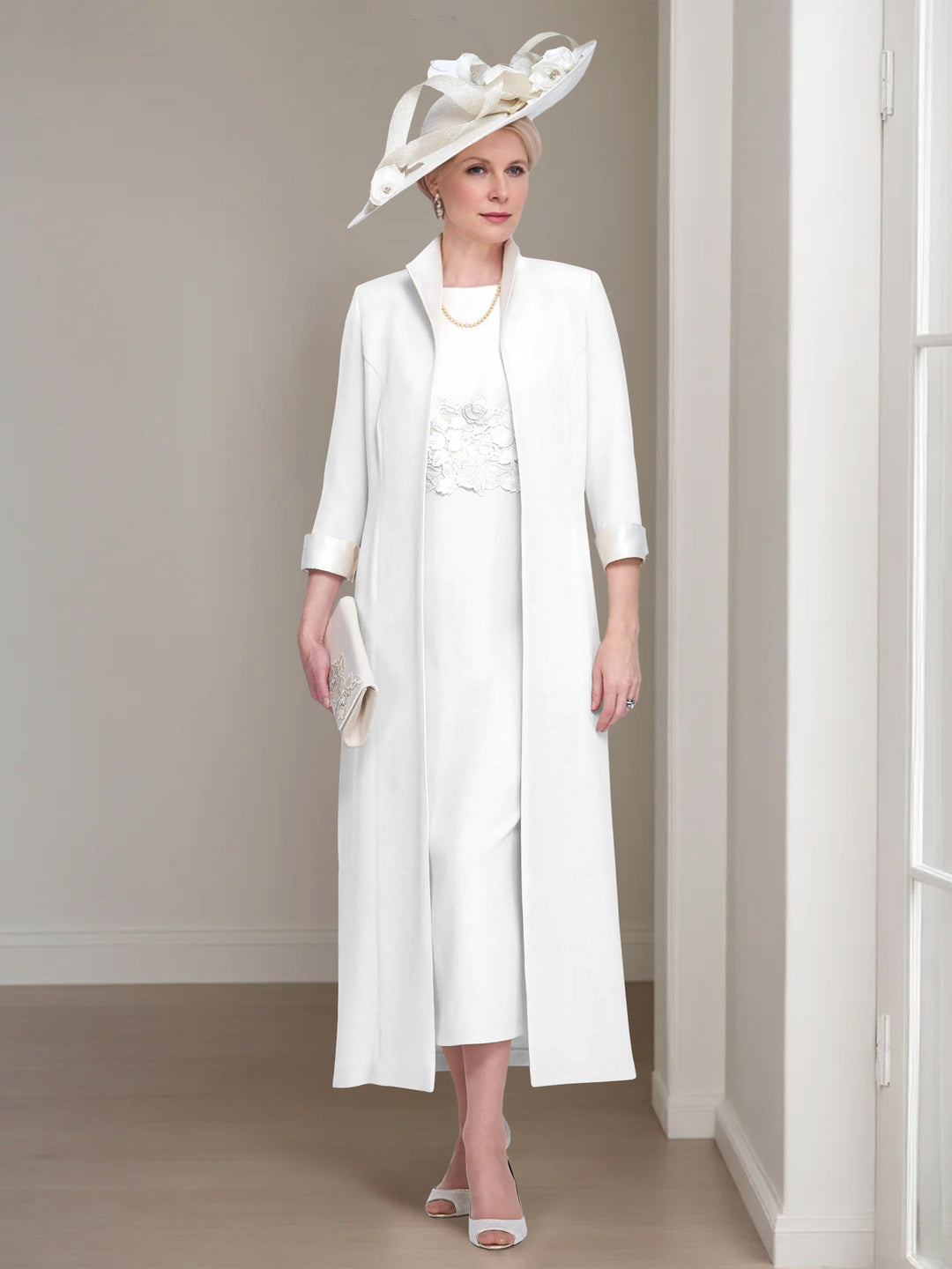 2 Morceaux Col rond Longueur de Thé Robes Mère de La Mariée avec veste & Dentelle Appliques