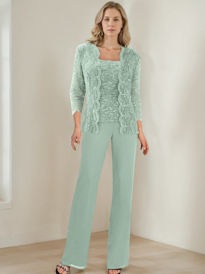 3 Morceaux Carré Neck 3/4 Manches La Longueur du SolTailleurs-pantalons pour mère de la mariée avec Paillettes