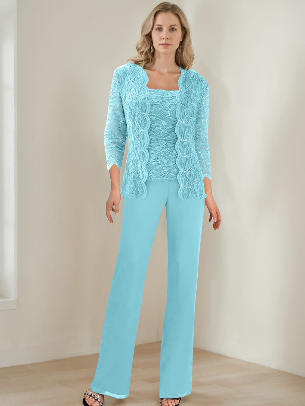 3 Morceaux Carré Neck 3/4 Manches La Longueur du SolTailleurs-pantalons pour mère de la mariée avec Paillettes