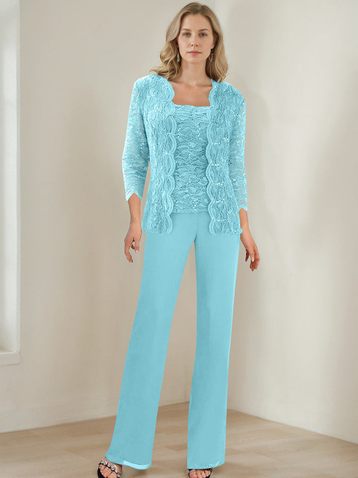 3 Morceaux Carré Neck 3/4 Manches La Longueur du SolTailleurs-pantalons pour mère de la mariée avec Paillettes