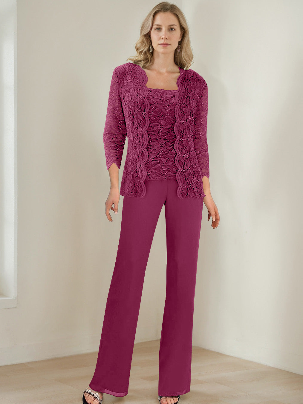 3 Morceaux Carré Neck 3/4 Manches La Longueur du SolTailleurs-pantalons pour mère de la mariée avec Paillettes