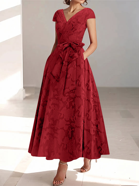 Ligne A/Princesse Col en V Manches Courtes Longueur de La Cheville Rose Dentelle Appliqué Robes Mère de La Mariée avec Poches &amp; Froufrous