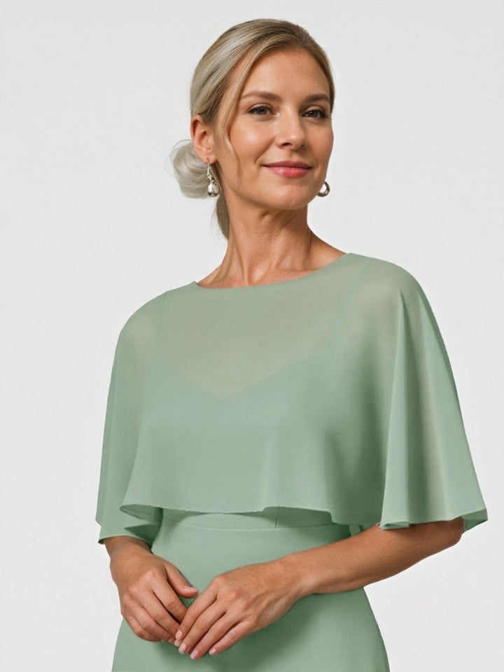 Robe mère de la mariée mousseline ligne A, col rond, manches mi-longues, longueur sol