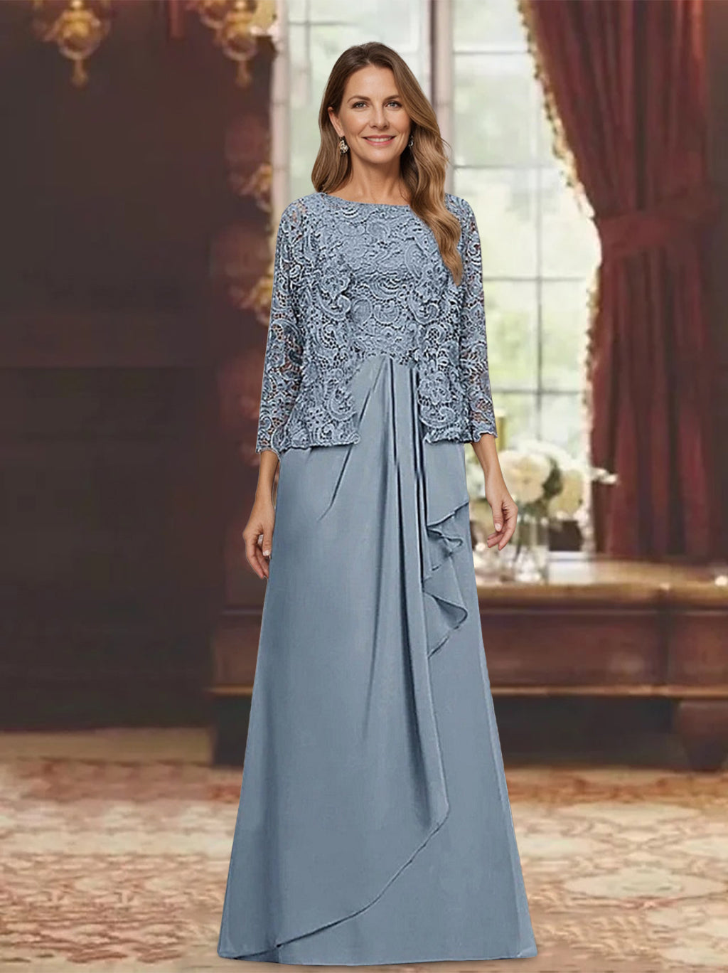 Robes pour mère de la mariée, 2 pièces, coupe A ou princesse, col rond, manches 3/4, longueur au sol, avec plis et volants