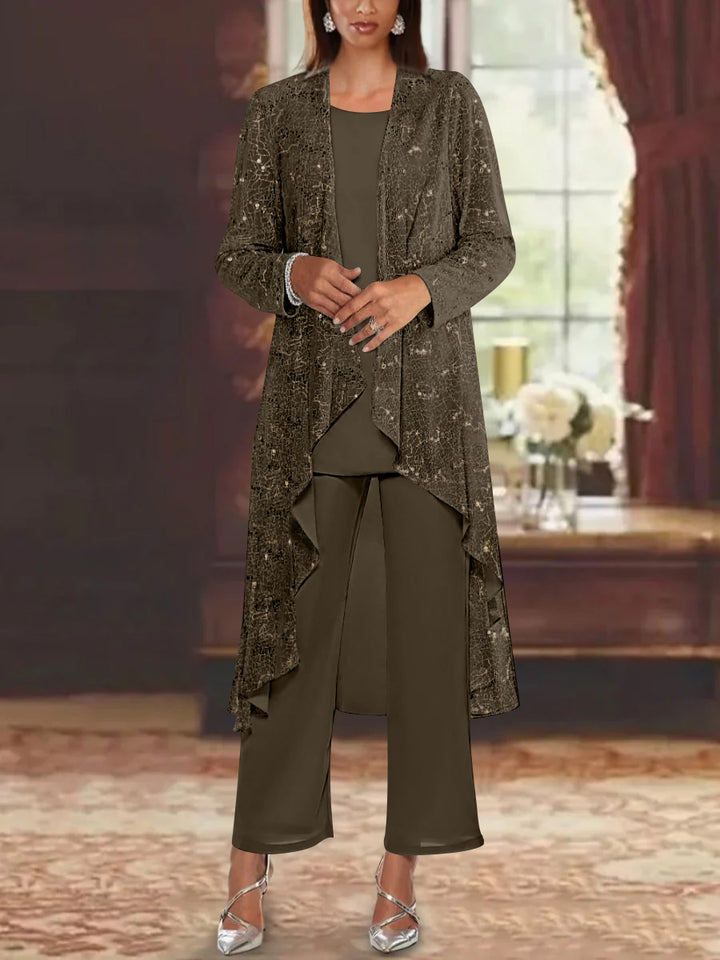 Ensemble pantalon mère de la mariée mousseline sequins col rond, veste