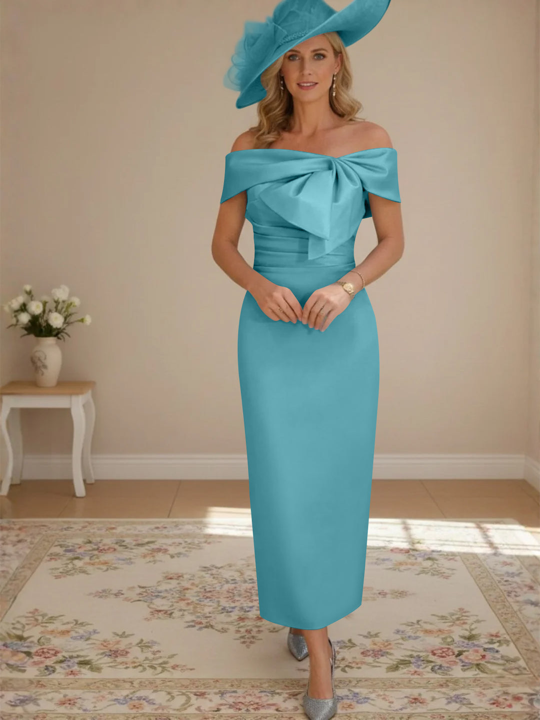 Robes de mère de la mariée, longueur de la cheville,hors de l'épaule, gaine/colonne, avec nœud papillon