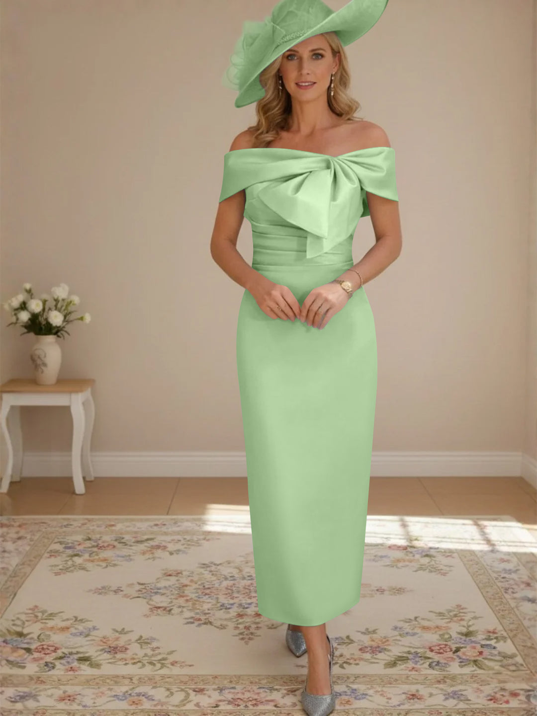 Robes de mère de la mariée, longueur de la cheville,hors de l'épaule, gaine/colonne, avec nœud papillon
