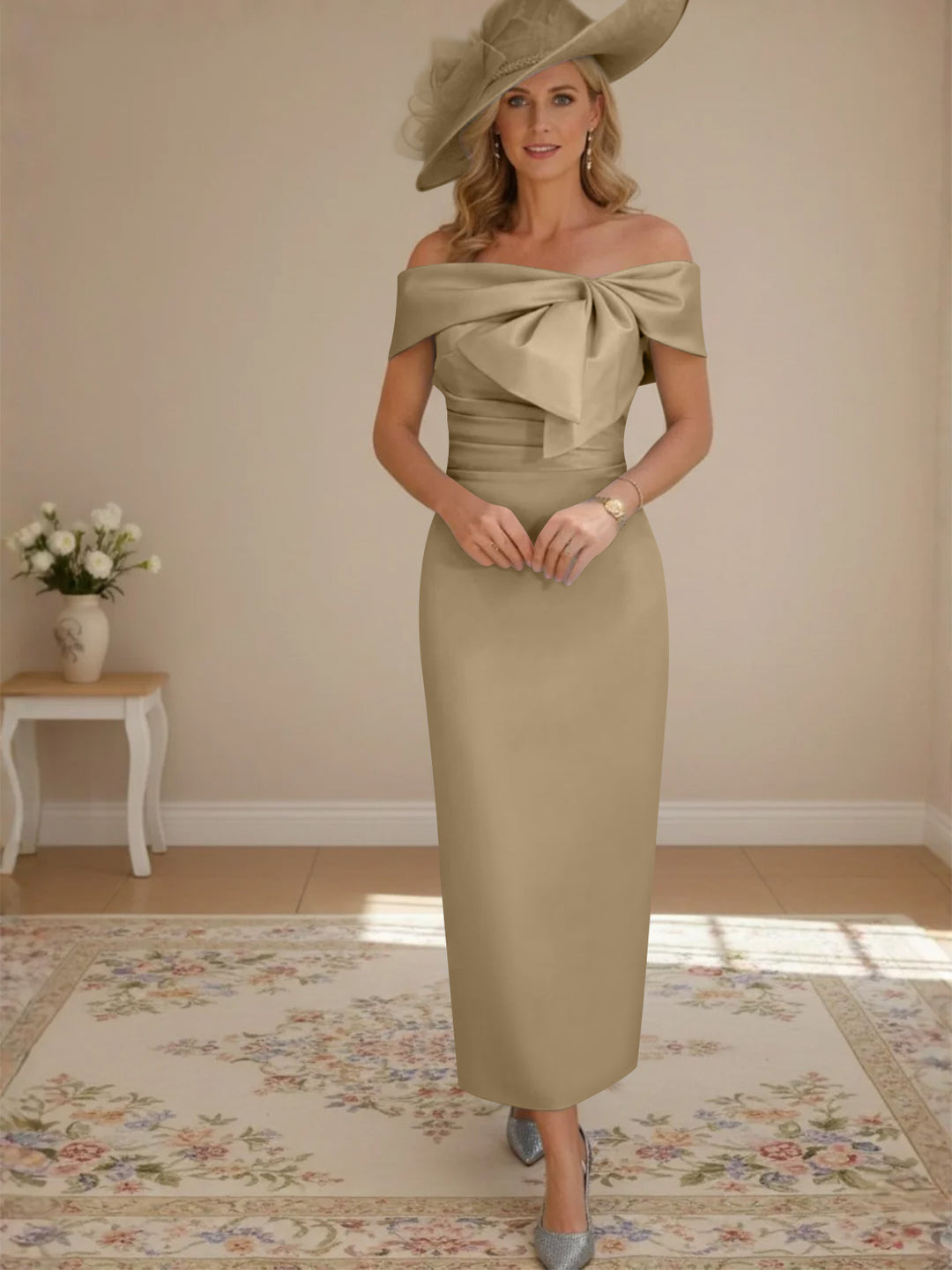 Robes de mère de la mariée, longueur de la cheville,hors de l'épaule, gaine/colonne, avec nœud papillon