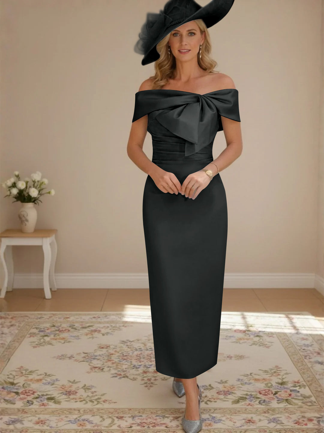 Robes de mère de la mariée, longueur de la cheville,hors de l'épaule, gaine/colonne, avec nœud papillon
