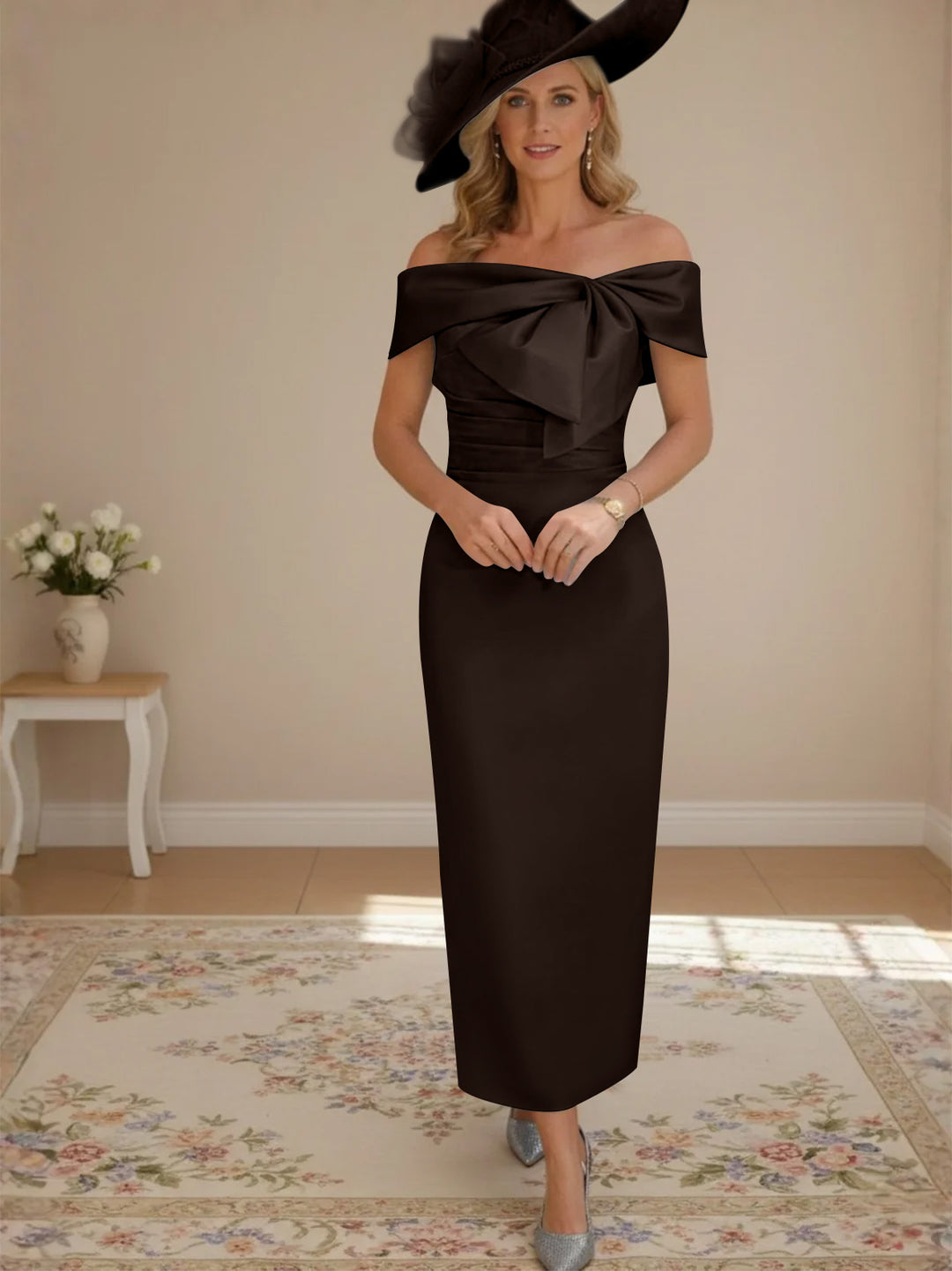 Robes de mère de la mariée, longueur de la cheville,hors de l'épaule, gaine/colonne, avec nœud papillon