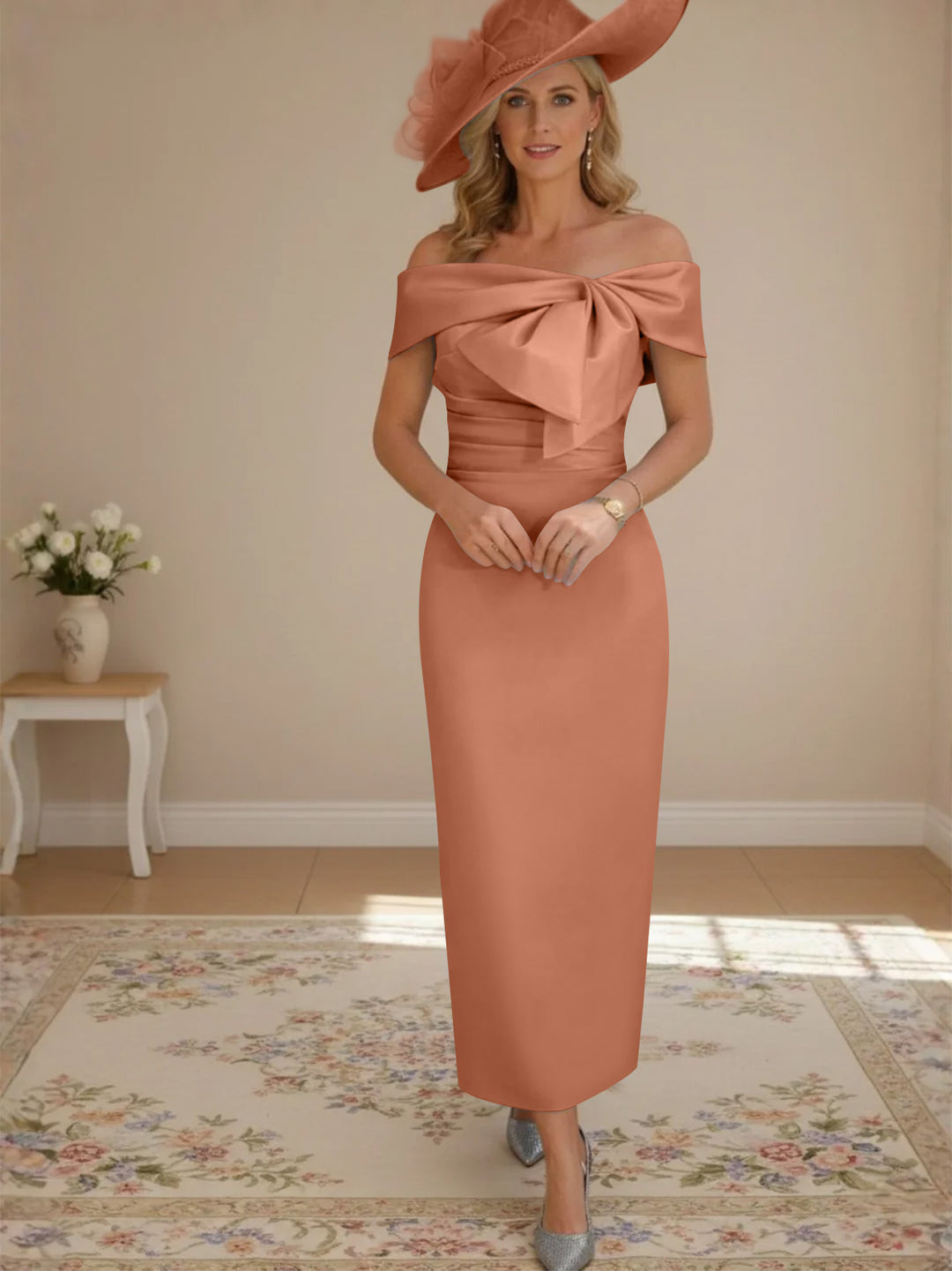 Robes de mère de la mariée, longueur de la cheville,hors de l'épaule, gaine/colonne, avec nœud papillon